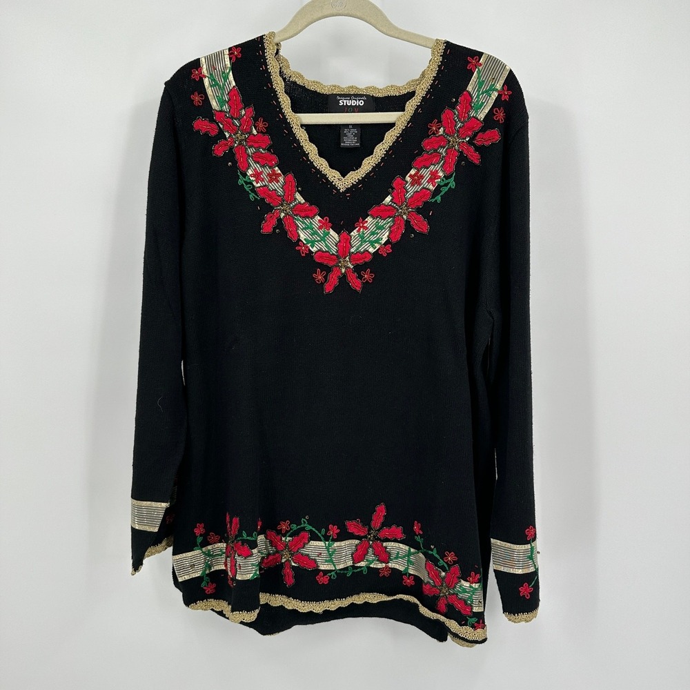 Womens Vintage Embroidered Christmas Sweater Size 1X Poinsettia Holiday Party